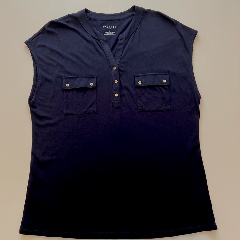 Talbots Navy Blue Sleeveless Mandarin Collar Top With Gold Button Size Large